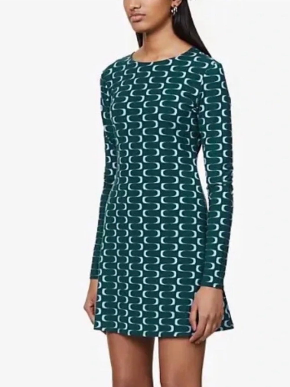 Reformation Dress Womens Small Green Geometric Jersey A-Line Long Sleeve Mini